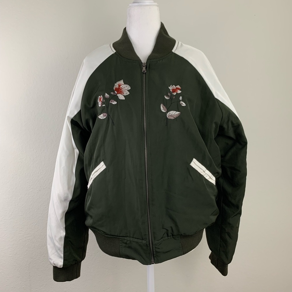 Green and White Embroidered Bomber Jacket